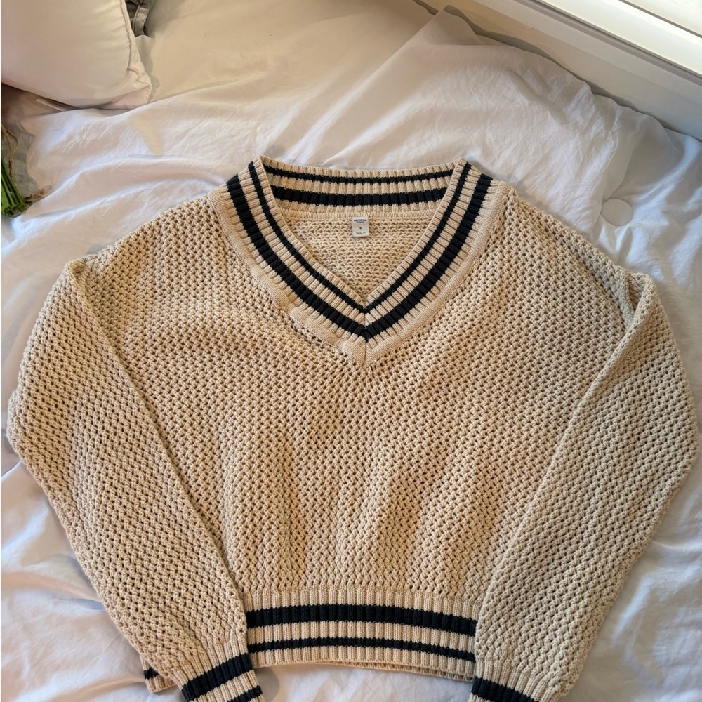Arizona Jean Co. Cream Varsity Knit Cotton Sweater - Small - Stripped, neutral